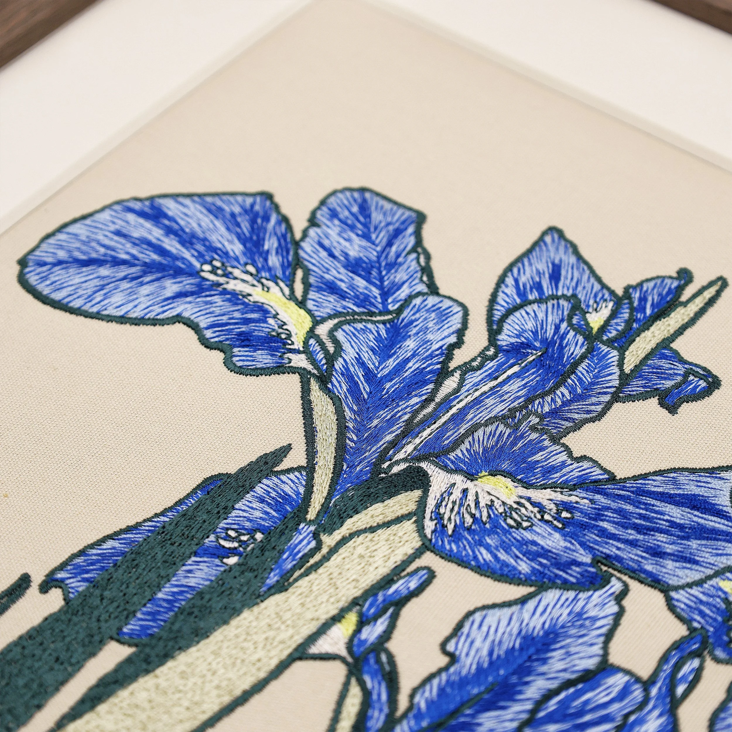 Iris Embroidered Wall Art – Blue Floral Framed Artwork | Pam Pan